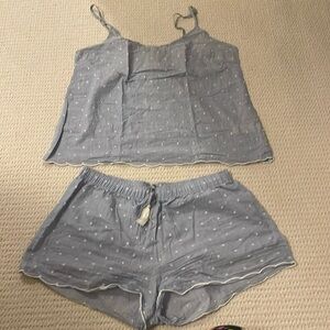 Blue & white pinstripe Swiss dot cotton PJ set scallop hem